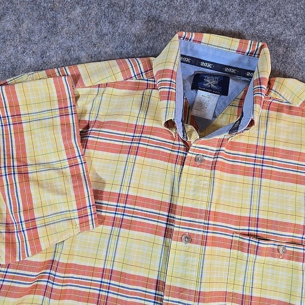 Wrangler 20X Men's Sz Large Short Sleeve Button Down Yellow Orange Plaid Western